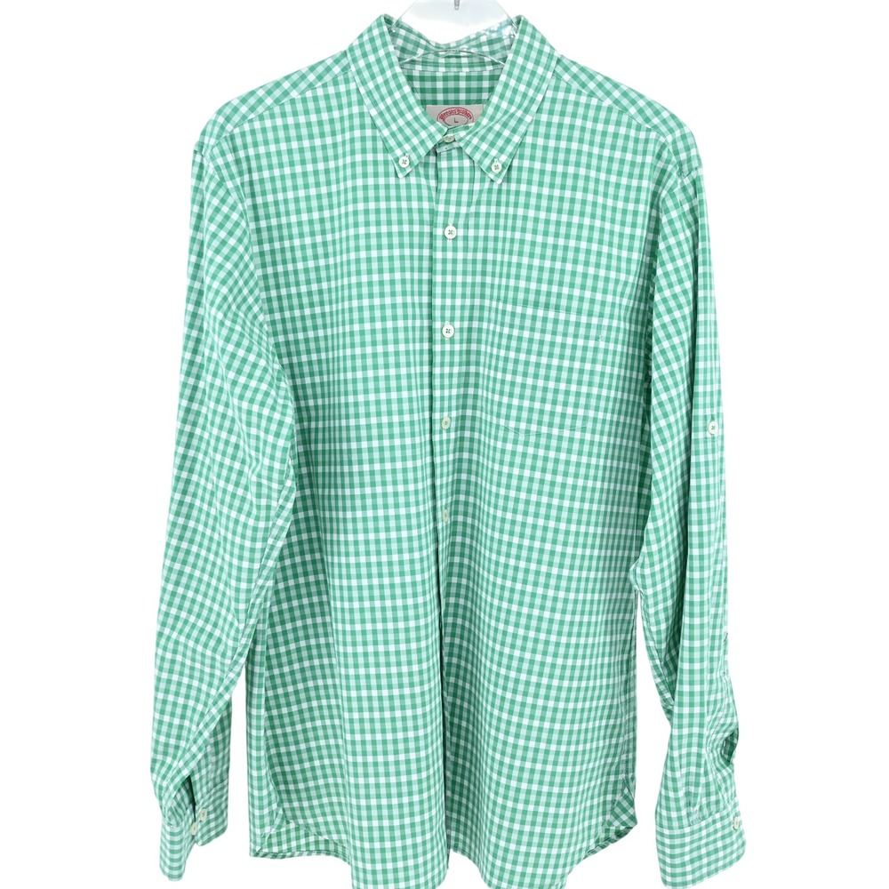 Brooks Brothers Shirt Mens Large L Green White Gingham Cotton X Slim Fit Preppy